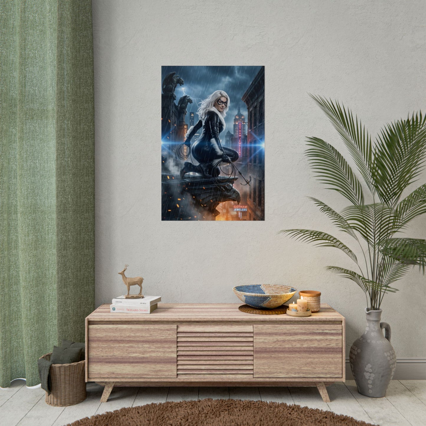 Black Cat Poster, Marvel Print – Classic Comic Wall Art Gift for Fans hanging in modern living room above console, high-res vivid colors