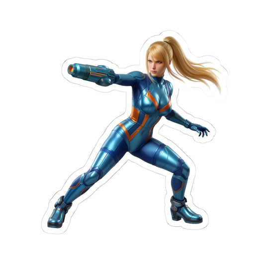 Samus Aran Sticker – Futuristic Game Vinyl Sticker for Laptops & Indoor Decor vibrant glossy vinyl sticker of Samus in blue suit, bubble-free, indoor laptop decor