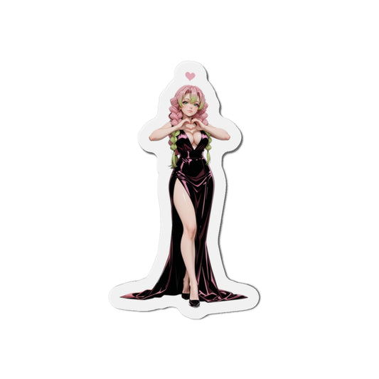 Mitsuri Kanroji Magnet – Demon Slayer Anime Girl Fridge Magnet, Cute Decor die-cut vinyl fridge magnet showing Mitsuri in a black dress, pink hair, heart pose