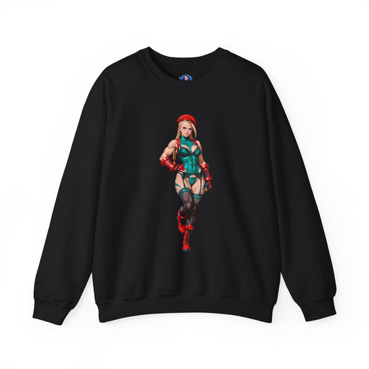 Cammy White Sweatshirt, Street Fighter Crewneck, Gaming Fandom Apparel for Fans featuring Cammy artwork on black crewneck