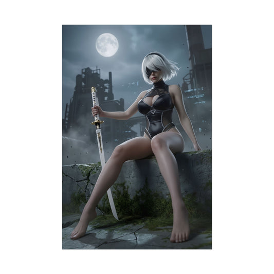 2B Poster / 2B Wall Art / 2B Art Print / NieR Automata Poster depicting 2B seated on ruins under moonlight with sword, high-detail sci-fi mood