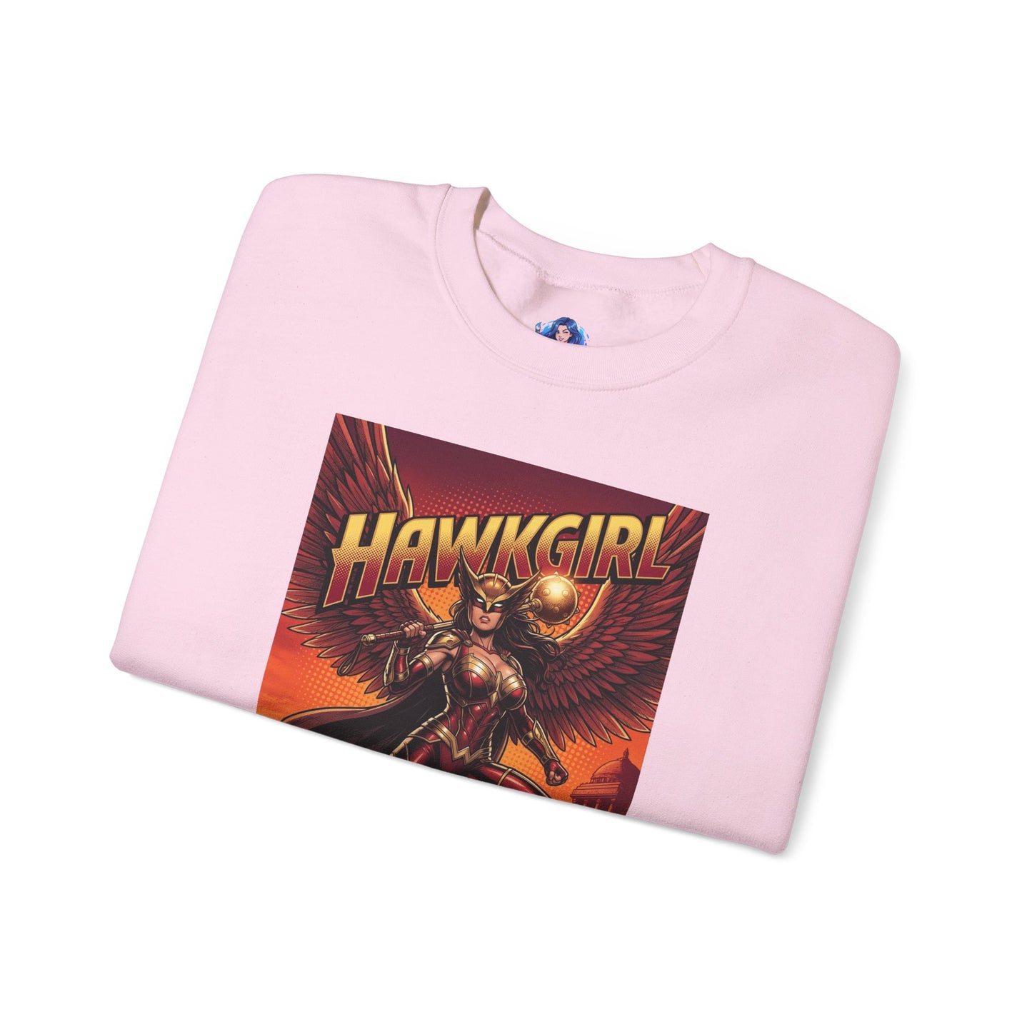 Hawkgirl Sweatshirt, DC Comics Wall Art Style, Premium Heroine Apparel - pink crewneck with anime-inspired Hawkgirl winged armor and battle mace print