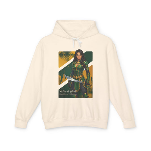 Talia al Ghul Hoodie | DC Comics Hoodie | Anime Assassin Warrior Pullover cream hoodie featuring anime-style Talia al Ghul with sword and city art