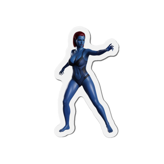 Alt Tag: Mystique Magnet – Marvel Mutant Fridge Magnet, Anime Style Decor showing die-cut vinyl sticker of blue Mystique in anime-style pose
