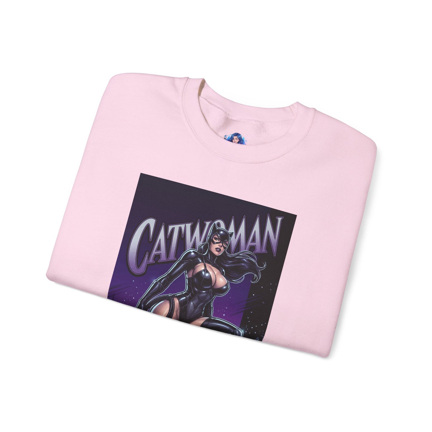 Catwoman Sweatshirt, DC Comics Character Art, Premium Fan Apparel folded pink crewneck with glossy Catwoman rooftop illustration