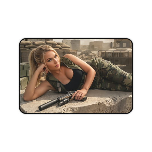 Sonya Blade Gaming Mouse Pad, Mortal Kombat Desk Mat, Special Forces Fighter Setup featuring tactical Sonya Blade artwork on a durable gaming desk mat