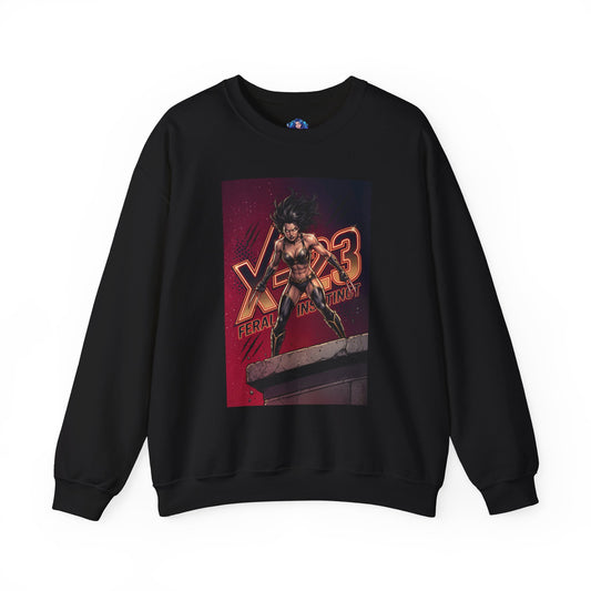 X-23 Sweatshirt, Marvel Crewneck, Feral Instinct Superhero Fan Apparel - black crewneck featuring fierce X-23 comic art with exposed claws