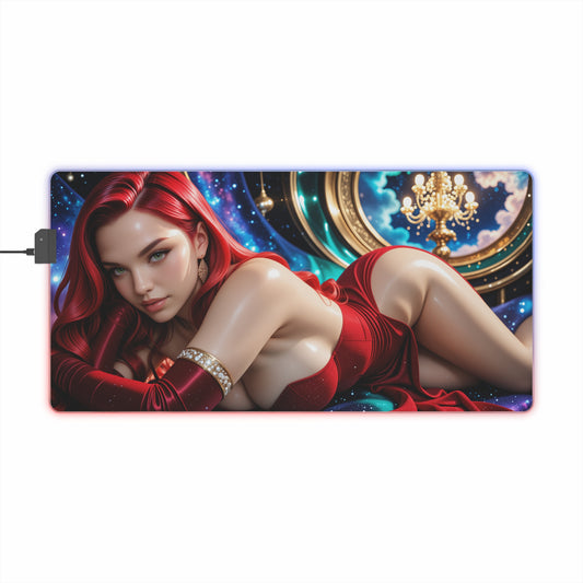 Jessica Rabbit Desk Mat – LED RGB Pad, Waifu Anime Girl Gaming Setup with glamorous reclining red-haired waifu, smooth precision-cloth surface and RGB lighting