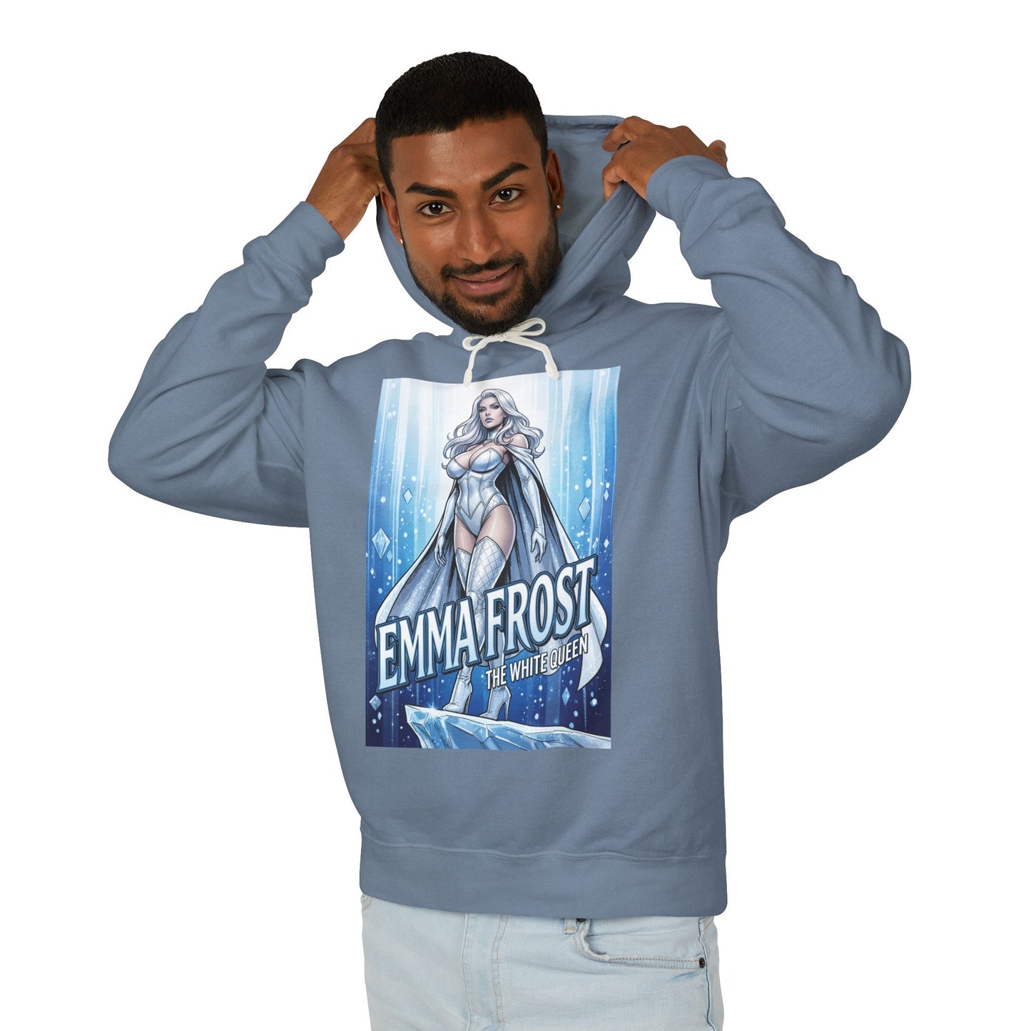 Emma Frost Hoodie | X-Men Villain Hoodie | White Queen Pullover - model wearing blue pullover with Emma Frost graphic