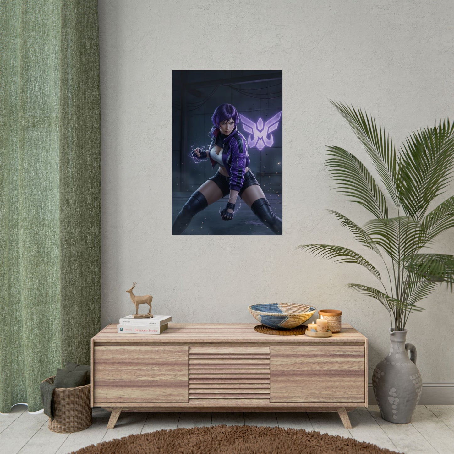 Reina Poster, Tekken Art Print – Iconic Fighting Game Heroine Wall Art - ultra-high res poster of purple-haired fighter in gaming room setting
