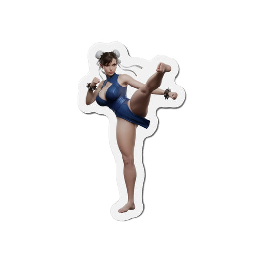 Chun-Li Magnet – Street Fighter Character Fridge Magnet, Anime Game Decor premium die-cut vinyl magnet showing Chun-Li kick pose for fridge and gaming setup