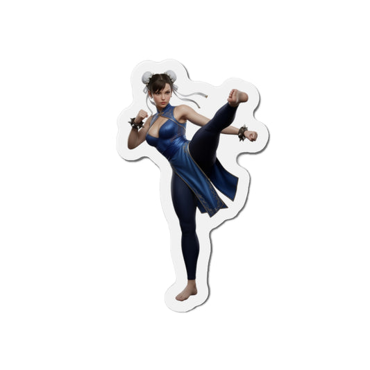 Chun-Li Magnet – Street Fighter Anime Heroine Fridge Magnet, Game Decor — die-cut vinyl fridge magnet showing Chun-Li in blue fighting pose