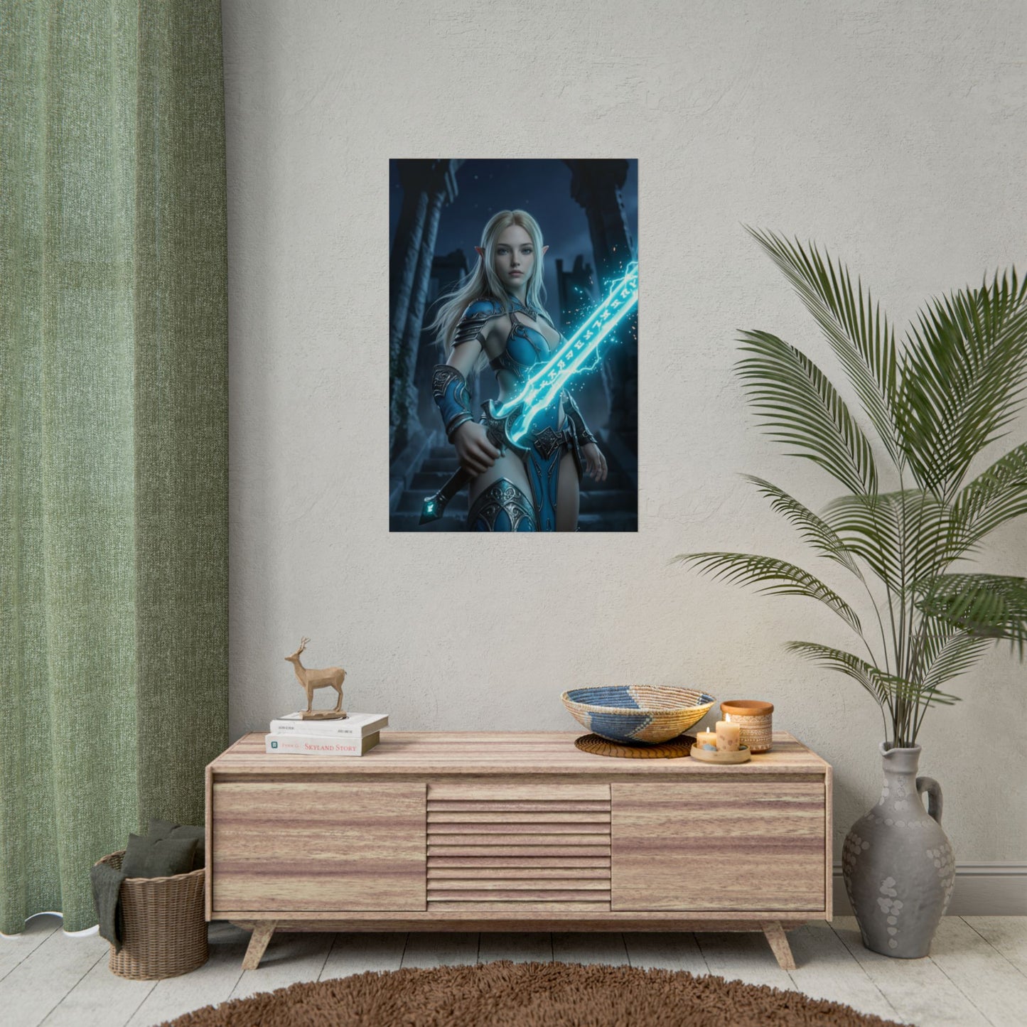 Princess Poster Fantasy Wall Art Print Gaming Room Decor showing heroine with glowing sword in cinematic mystical ruin, perfect gaming room decor