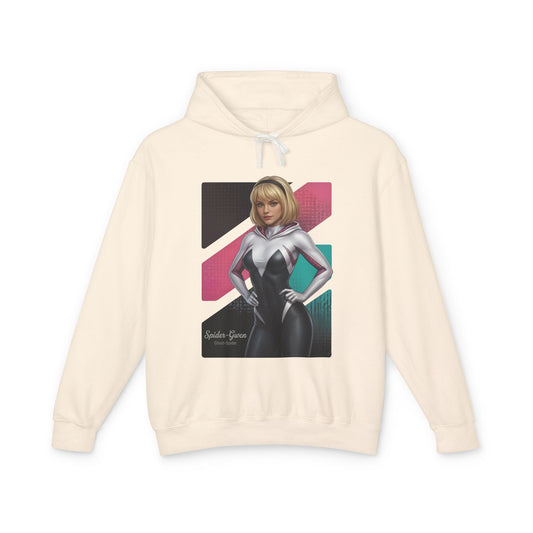 Spider-Gwen Hoodie | Marvel Comics Hoodie | Anime Spider Heroine Pullover - cream pullover with anime-style Spider-Gwen graphic and hood