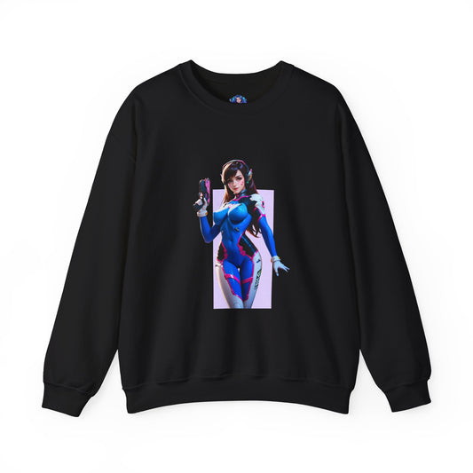 D.Va Sweatshirt, Overwatch Crewneck, Cozy Gamer Streetwear for Fans & Collectors - black crewneck with vibrant D.Va artwork, headset and blue-pink design