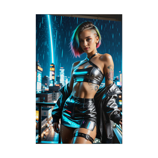 Judy Alvarez Poster – Cyberpunk Heroine Wall Art for Gaming Room Decor featuring neon-lit heroine on balcony in futuristic cityscape
