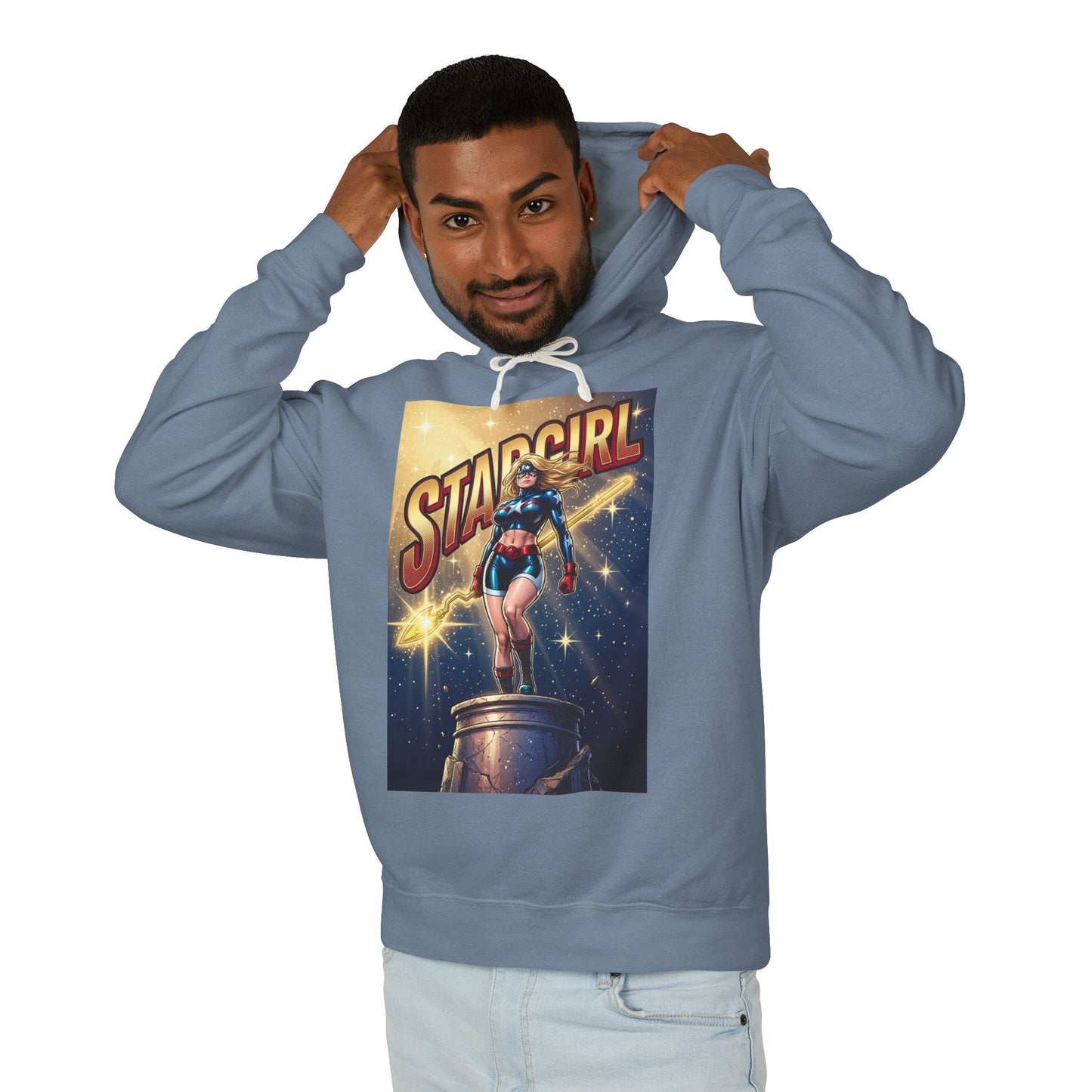 Stargirl Hoodie | DC Superhero Hoodie | Cosmic Staff Pullover - man wearing blue hoodie with vintage Stargirl graphic and cosmic staff design