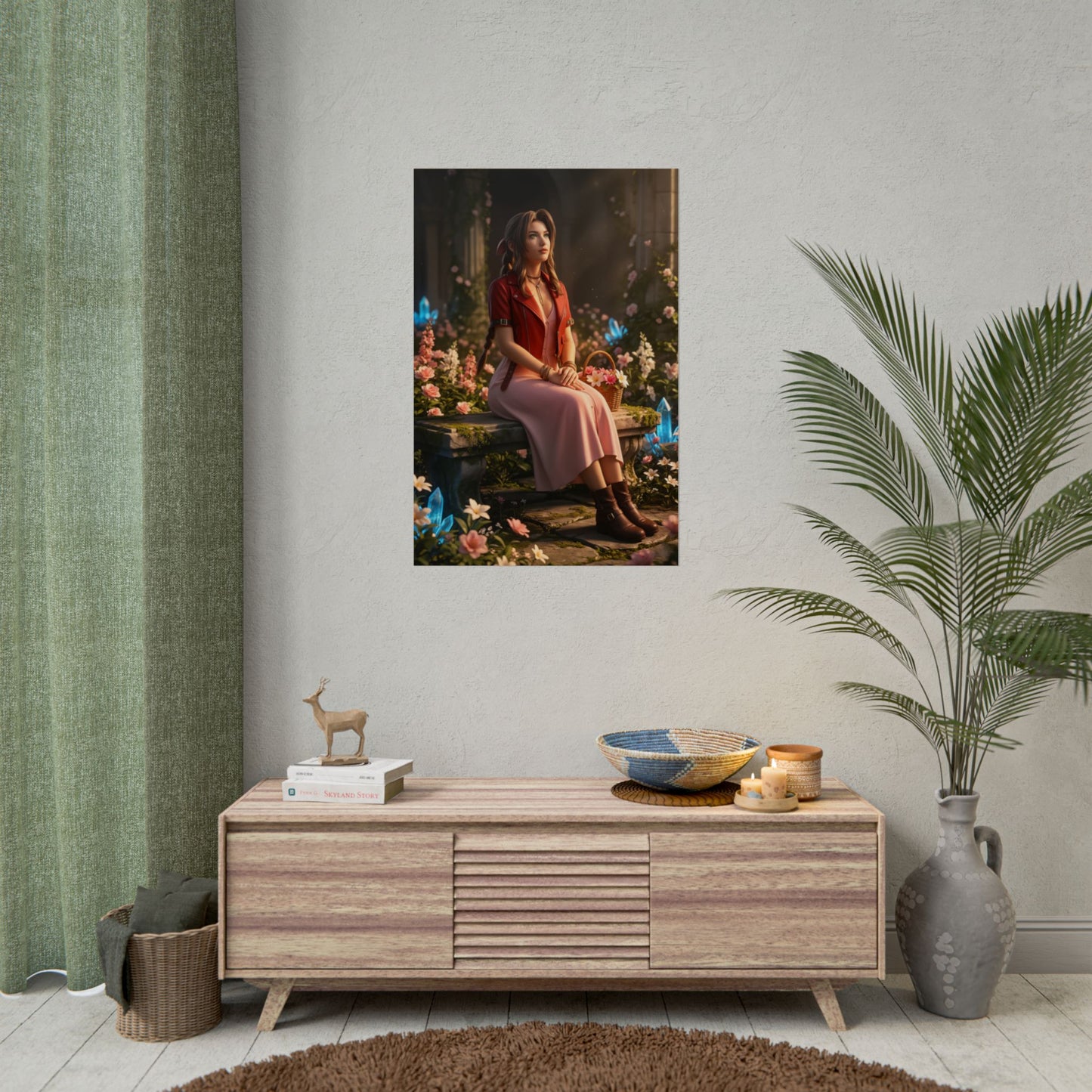 Aerith Final Fantasy Poster – Iconic RPG Heroine Wall Art for Gamer Decor hanging above a modern console in a cozy gaming room