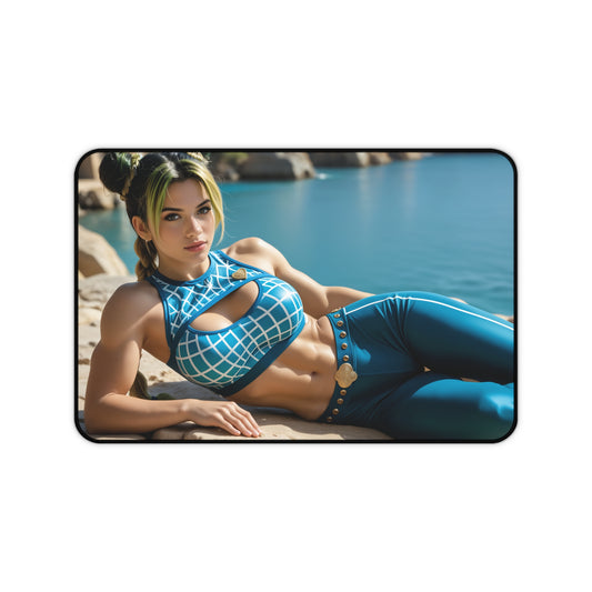 Jolyne Cujoh Desk Mat, JoJo Mouse Pad, Anime Heroine Gamer Desk Decor — high-def artwork of Jolyne reclining by water, smooth surface, stitched edges, non-slip base