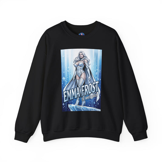 Emma Frost Sweatshirt, Marvel Crewneck, White Queen Premium Fan Apparel black crewneck with comic-style White Queen illustration