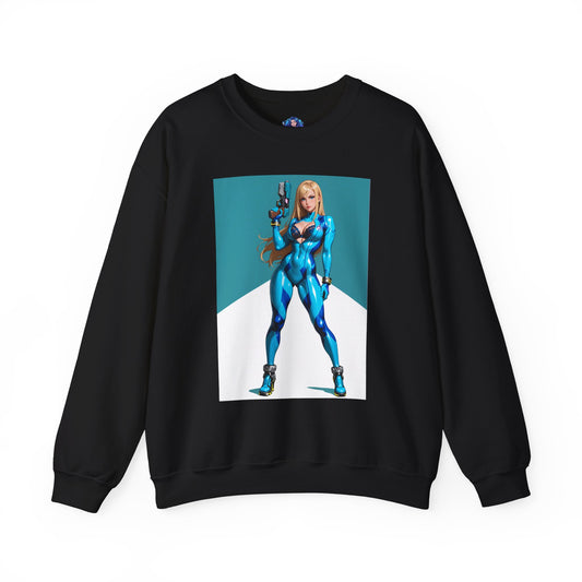 Samus Aran Sweatshirt, Sci-Fi Hero Crewneck, Gaming Apparel for Fans & Collectors - black crewneck with blue-armored Samus artwork front