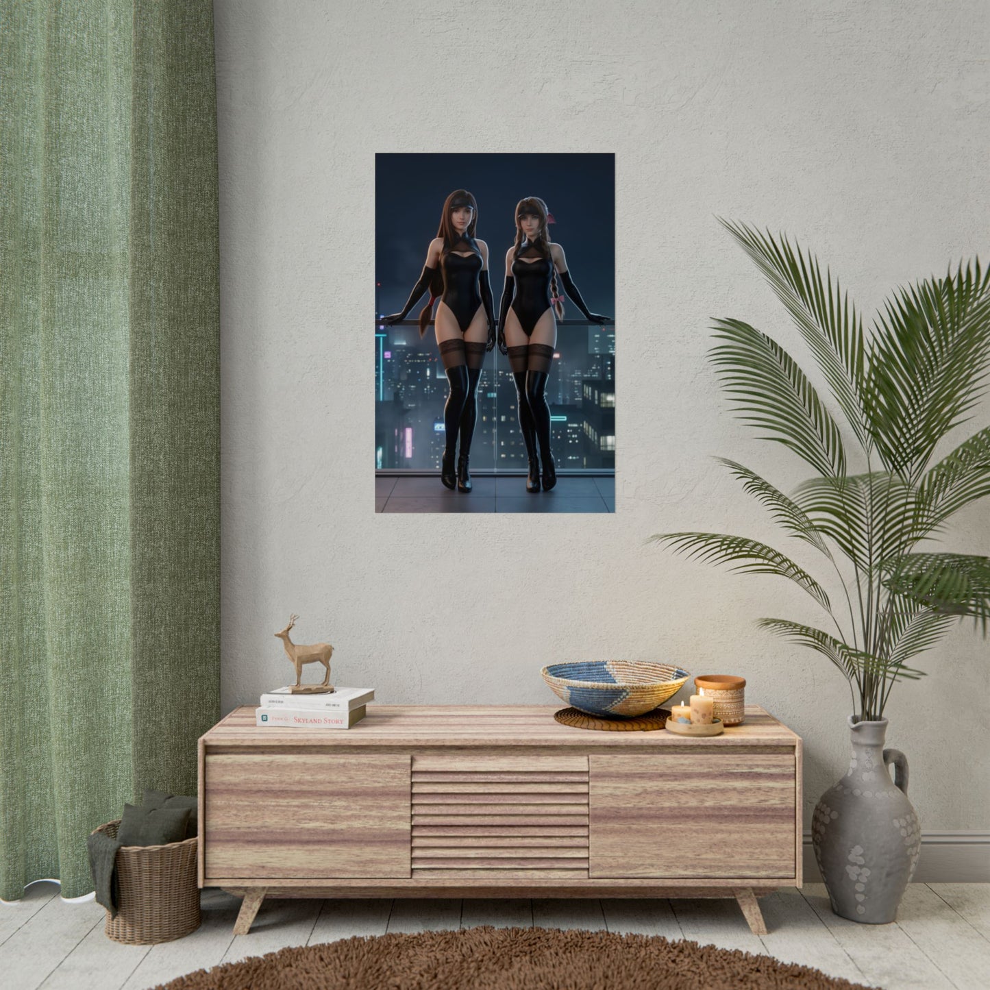 Tifa Aerith Poster, Final Fantasy Art Print – Classic JRPG Wall Art framed above a modern gaming room console