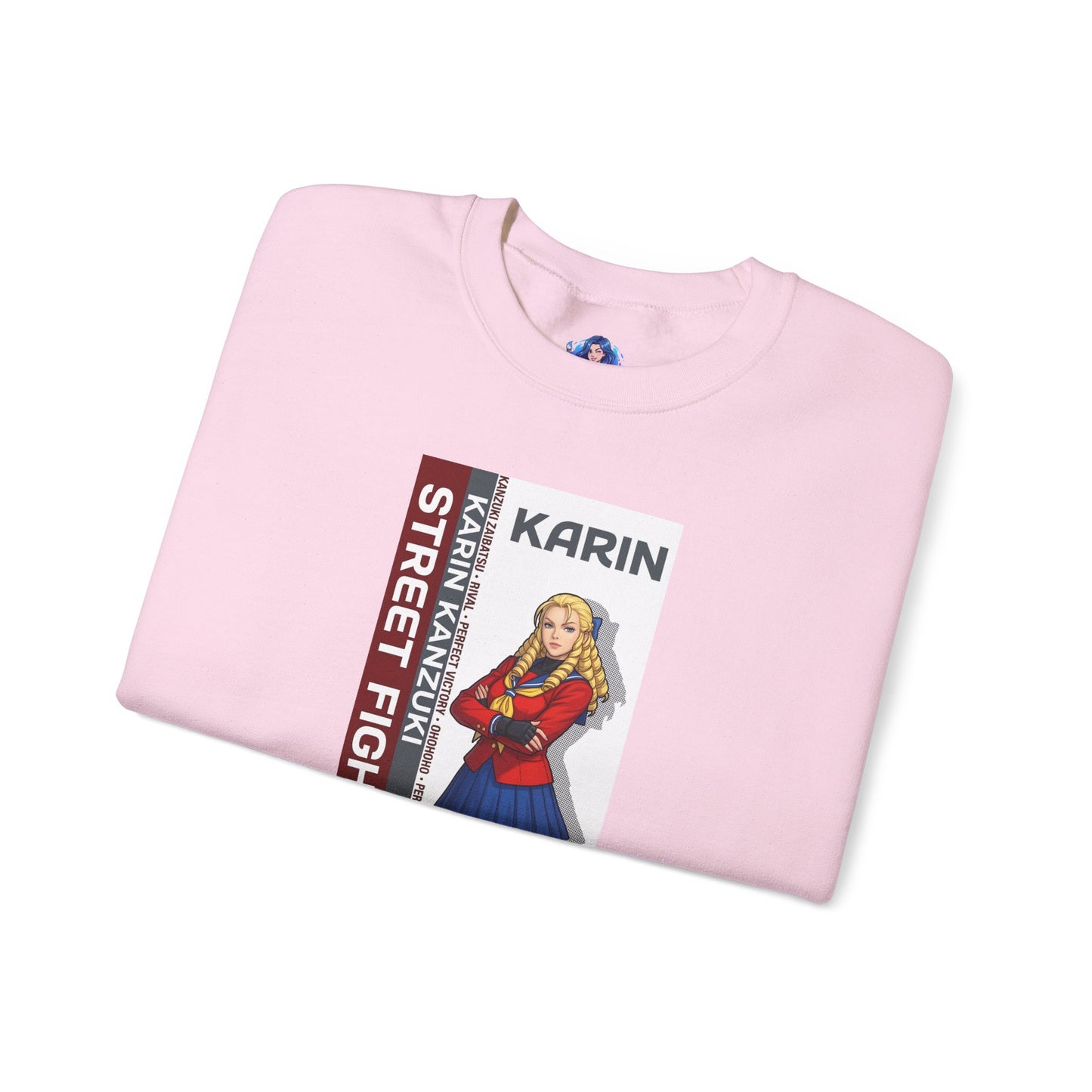 Karin Sweatshirt, Street Fighter Crewneck, Elegant Fighting Game Apparel for Fans - pink crewneck with Karin illustration and polished character artwork