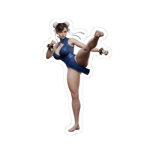 Chun-Li Sticker – Street Fighter Vinyl Sticker for Laptops & Indoor Decor, glossy durable vinyl decal showing Chun-Li kicking pose for laptops and indoor decor