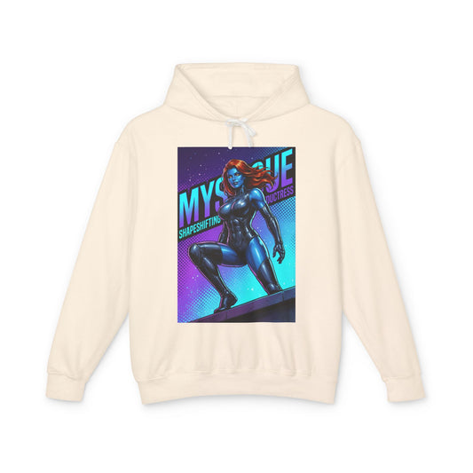 Mystique Hoodie | X-Men Hoodie | Comic Book Villain Pullover - cream hoodie with bold blue Mystique graphic art