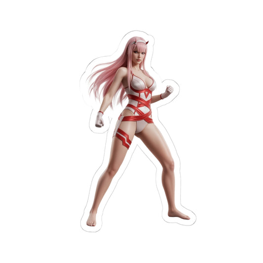 Zero Two Sticker – Anime Character Vinyl Sticker for Laptops & Indoor Decor, vibrant glossy cutout of pink‑haired anime heroine in red outfit