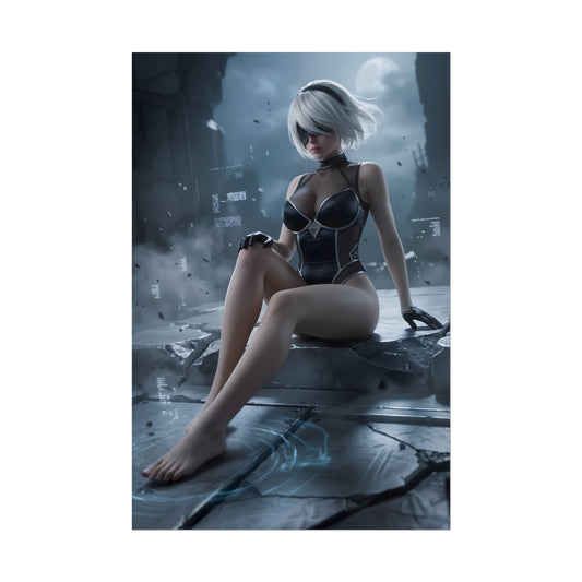 2B Poster / 2B Wall Art / 2B Art Print / NieR Automata Poster - cinematic 2B sitting among digital ruins, moody lighting and floating data fragments
