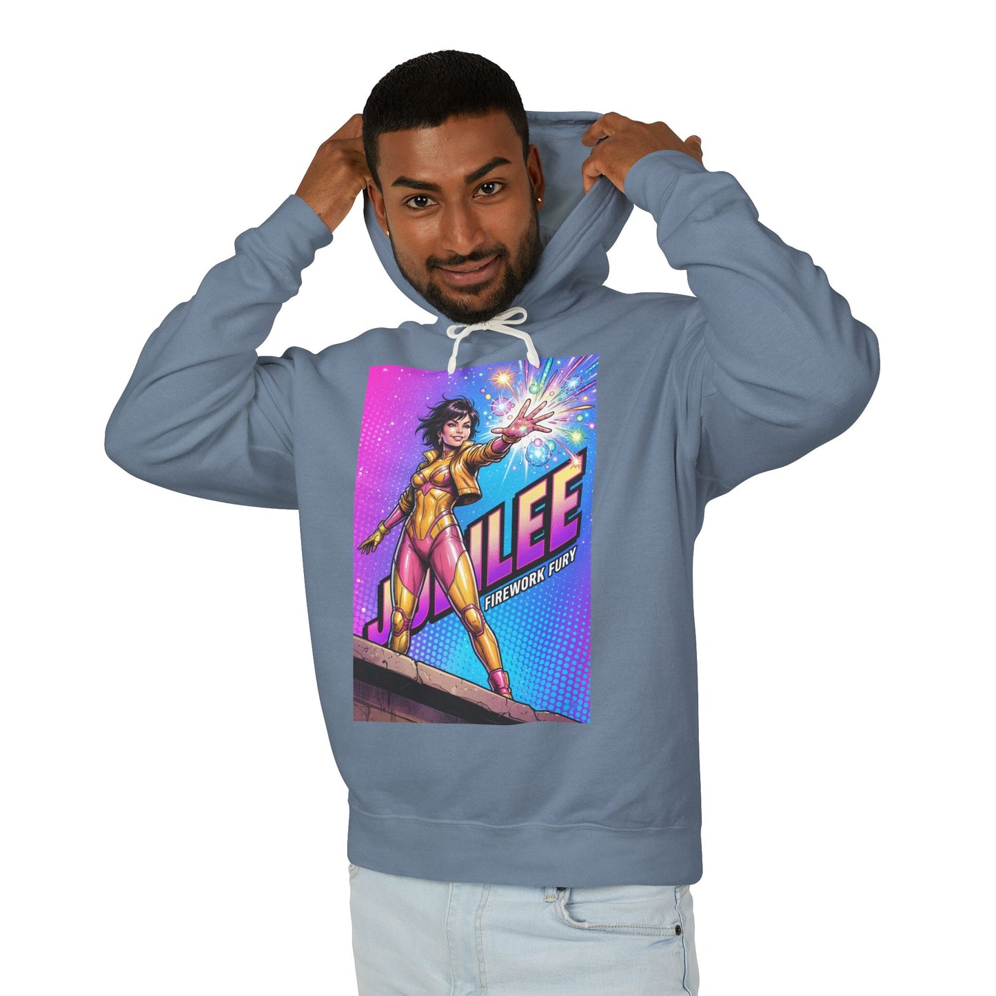 Jubilee Hoodie | Marvel Superhero Hoodie | Fireworks Fury Pullover - model wearing blue hoodie with vibrant Jubilee fireworks graphic