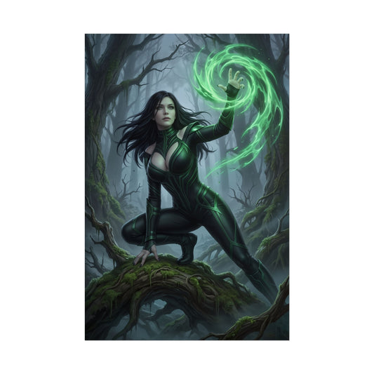 Hela Poster, Marvel Wall Art Print – Dark Fantasy Decor featuring female villain in forest casting green magic, premium high-resolution dark fantasy decor