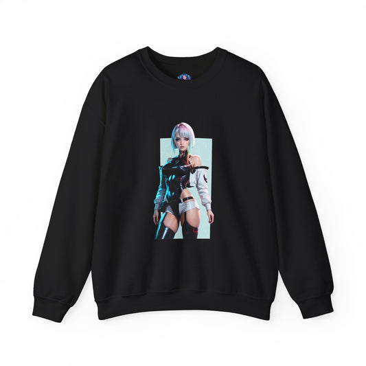 Lucy Edgerunners Sweatshirt, Cyberpunk Crewneck, Futuristic Gaming Apparel for Fans - black crewneck featuring Lucy with white gradient hair and neon sci‑fi illustration