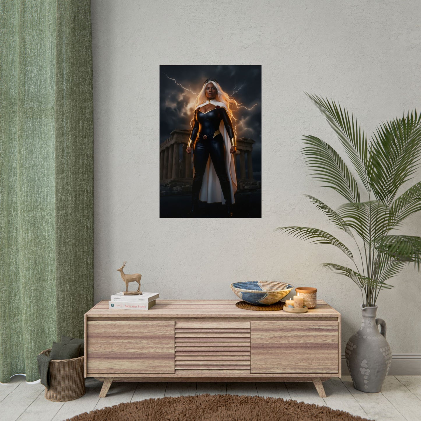Storm Poster, Marvel X-Men Art Print, Iconic Weather Hero Wall Decor — dramatic Storm superhero poster above modern media console