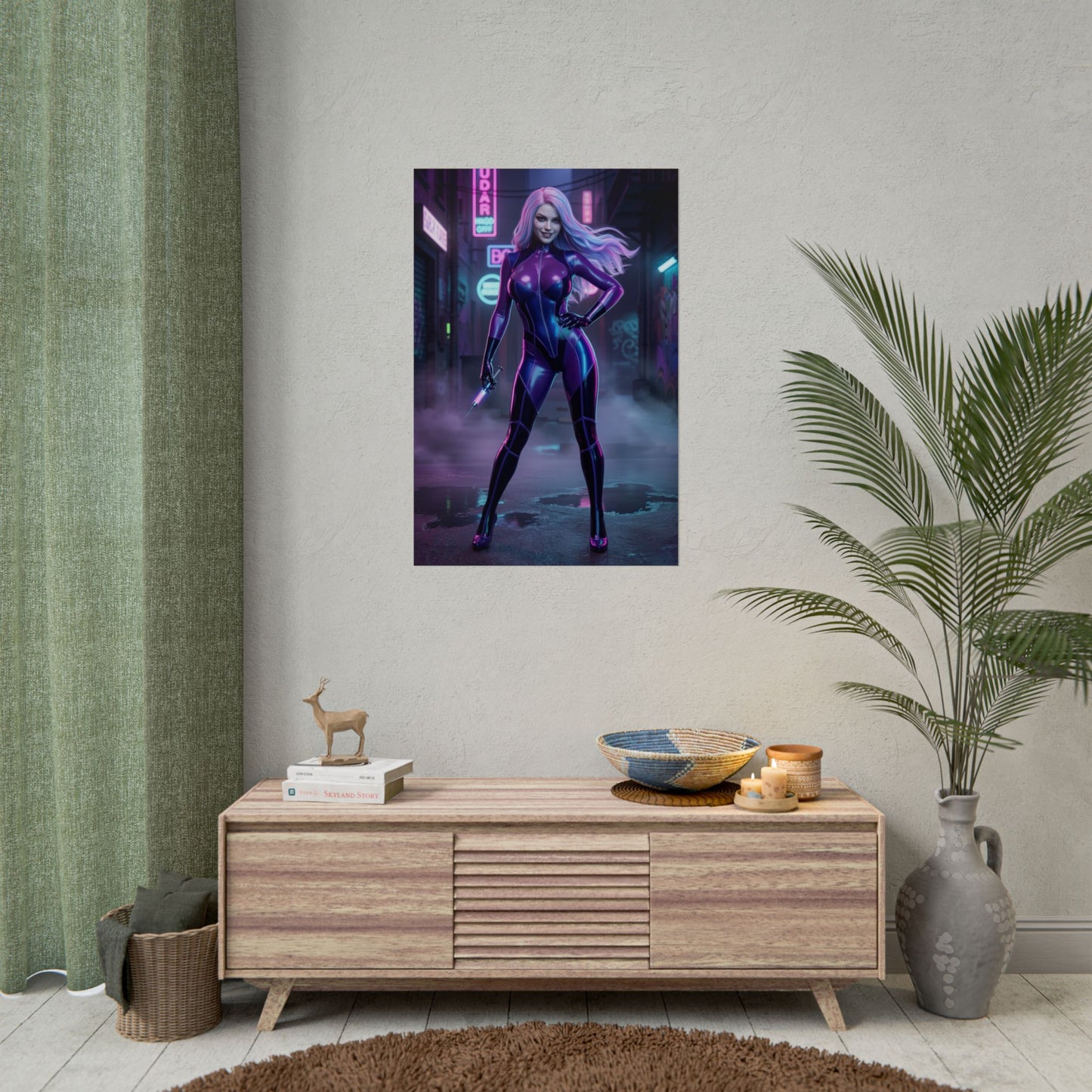 Punchline Poster, DC Comics Art Print – Supervillain Wall Art displayed in modern gamer room above console, neon villain character wall art print