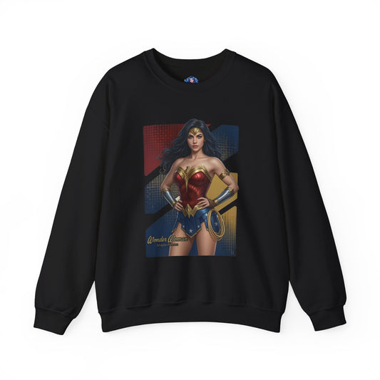 Wonder Woman Sweatshirt, DC Comics Crewneck, Legendary Superhero Apparel for Fans — black crewneck with bold Wonder Woman armor graphic