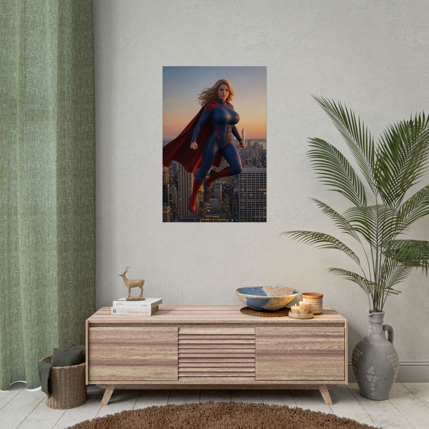 Supergirl Poster, DC Comics Art Print – Superhero Wall Art on living room wall above console, vibrant superhero decor for gamer and fan collections