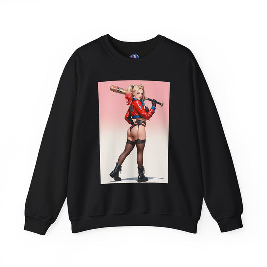 Harley Quinn Sweatshirt, DC Villain Crewneck, Cozy Comic Apparel for Everyday Wear — black crewneck with illustrated Harley Quinn in red jacket and baseball bat