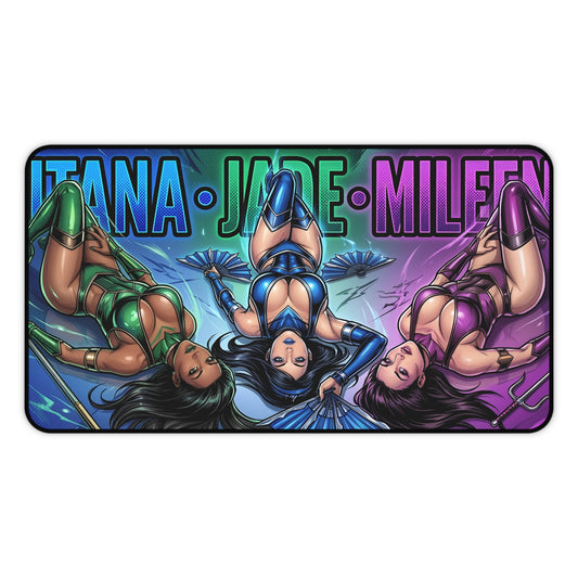 Kitana Jade Mileena Desk Mat, Fighting Game Mouse Pad, Gamer Desk Decor — vibrant trio artwork, smooth glide surface and non-slip base