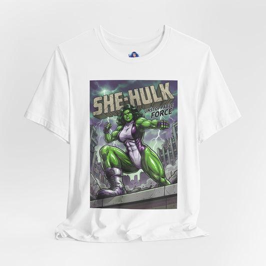 She-Hulk T-Shirt | Marvel Comics Anime Tee for Gamers & Fans — comic-style She-Hulk illustration on white Bella Canvas 3001 unisex tee