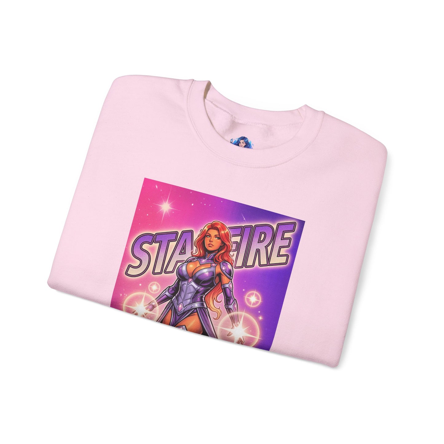 Starfire Sweatshirt, DC Comics Cosmic Art, Premium Heroine Apparel - folded pink crewneck with anime-style Starfire illustration and glowing energy orbs