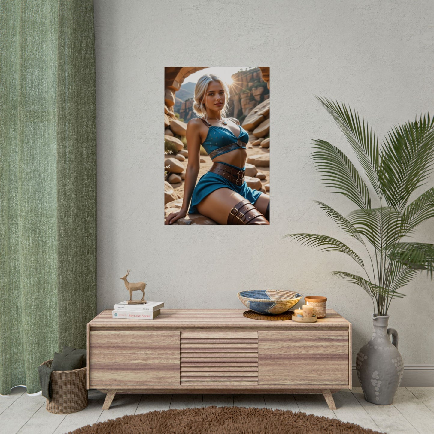 Ciri Fantasy Poster – Elegant Heroine Wall Art for Bedroom or Studio Decor showing stylish Ciri in blue outfit on textured wall