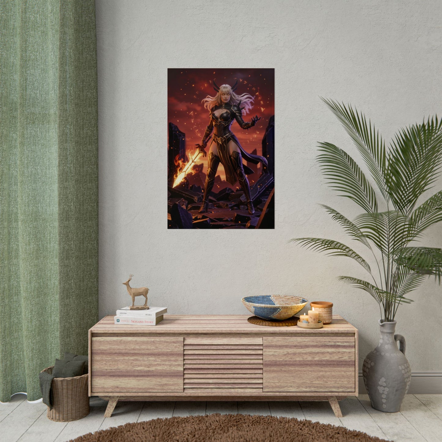 Magik Poster, Marvel Art Print – Dark Sorceress Wall Art showing fierce sorceress on fiery battlefield, high‑res comic poster for gamer rooms and Marvel fan collections