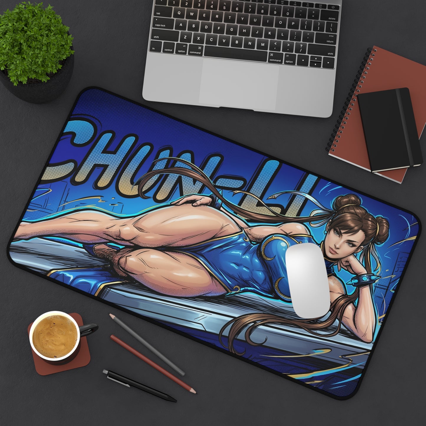 Chun-Li Desk Mat, Fighting Game Mouse Pad, Gamer Desk Setup featuring dynamic Chun-Li artwork on a large non-slip gaming mouse pad