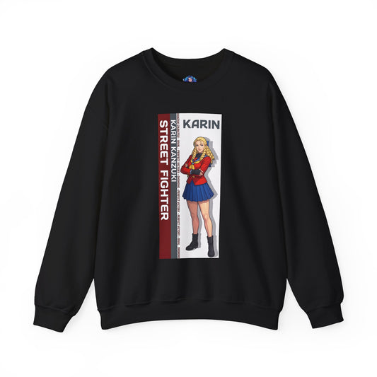 Karin Sweatshirt, Street Fighter Crewneck, Elegant Fighting Game Apparel for Fans - black crewneck featuring Karin illustration and vertical Street Fighter panel