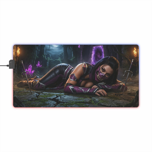 Mileena Desk Mat – LED RGB Pad, Waifu Fighter Anime Girl Setup — seductive waifu fighter on LED RGB gaming desk mat with smooth precision-cloth surface