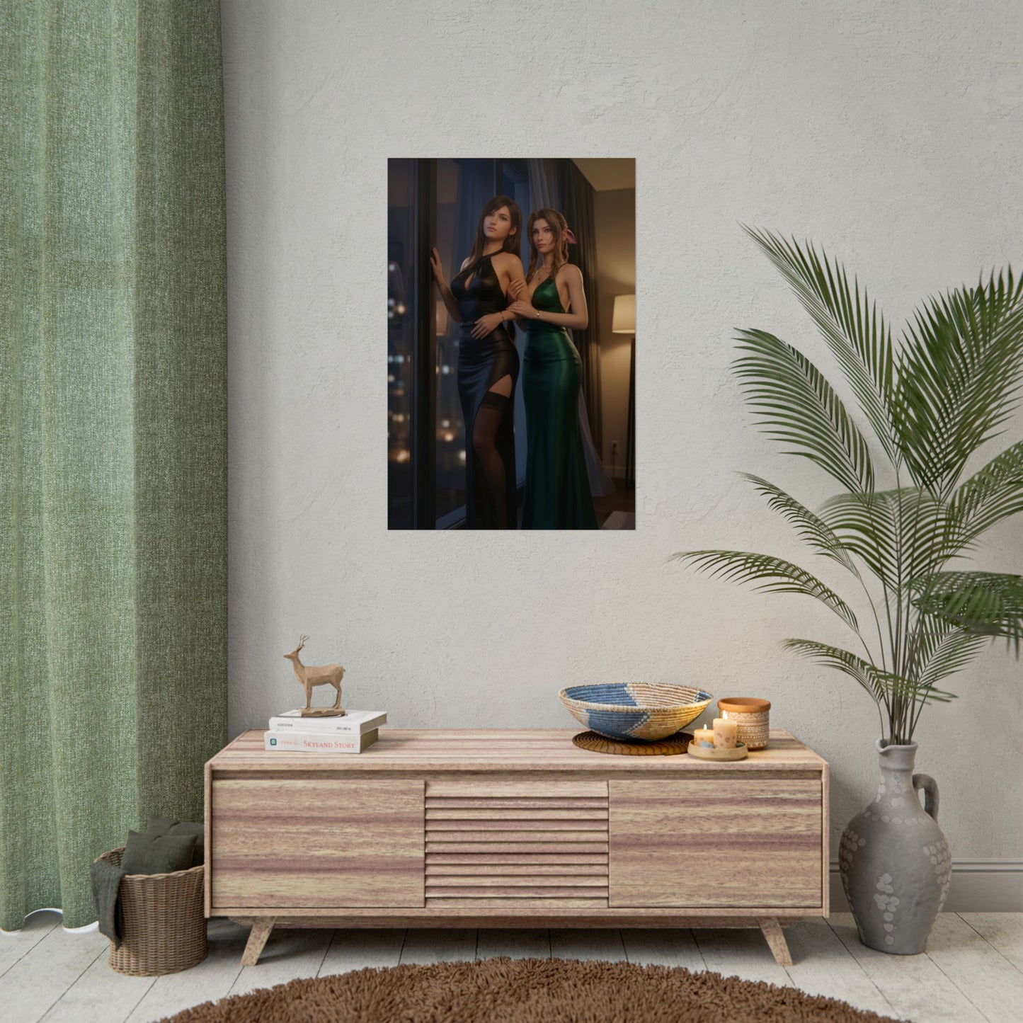 Tifa Aerith Poster, Final Fantasy Art Print – RPG Fan Wall Artwork showing two heroines in elegant gowns on a living room wall