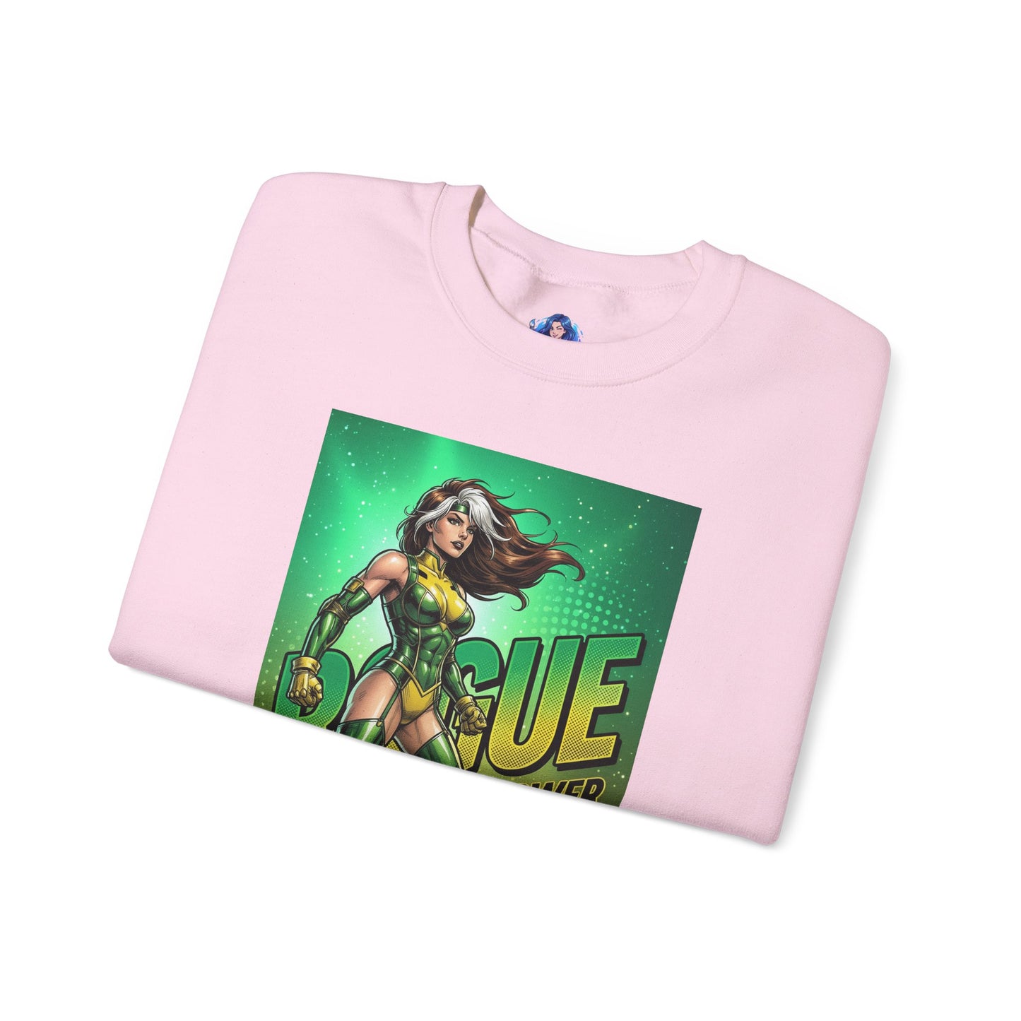 Rogue Sweatshirt, Marvel Crewneck, Unstoppable Power Superhero Apparel pink crewneck with bold green-and-yellow Rogue graphic