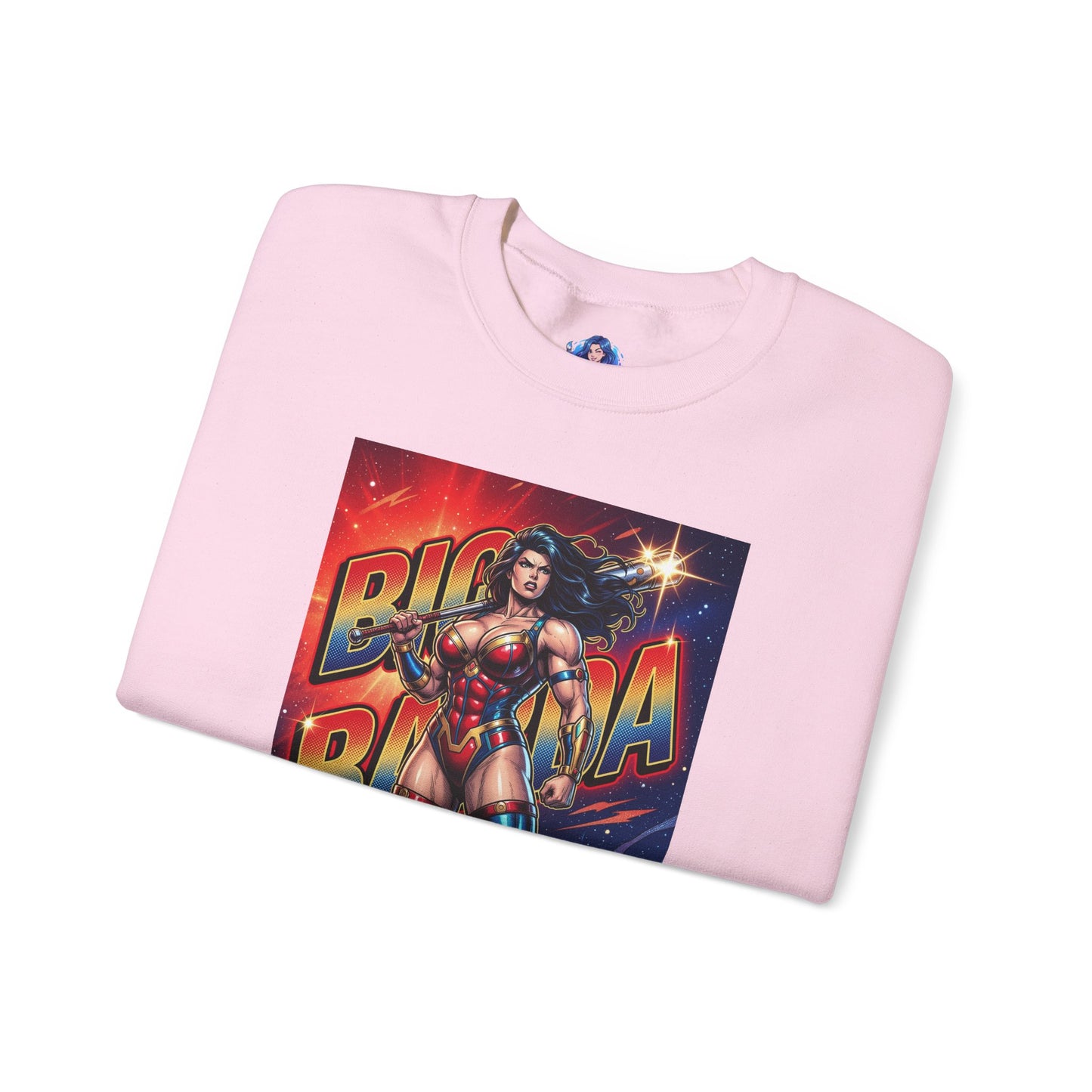 Big Barda Sweatshirt, DC Comics Character Art, Premium Fan Apparel — folded pink crewneck with vivid armored Big Barda hero illustration